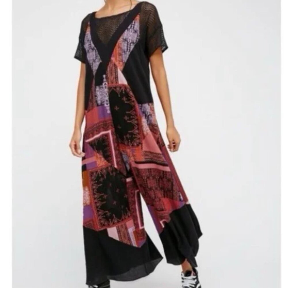 Free People All Patched Up Jumpsuit Pink Purple X-Small Patchwork Boho‎ Wide Leg